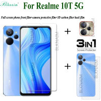 BLKNAIM(3in1) สำหรับ Realme ฟิล์มปกป้องหน้าจอกระจกนิรภัยความใสระดับ HD แบบเต็มหน้าจอ10T 5G + ฟิล์มเลนส์กล้องถ่ายรูป + ฟิล์มด้านหลังคาร์บอนไฟเบอร์3D