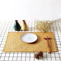 【CC】₪  Seagrass Hand-Woven Rectangular Rattan Placemats Cup Potholder Tableware Accessories