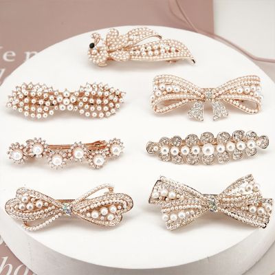 Korean pearl hairpin bow hairpin crystal spring clip Vintage alloy headdress Mori hair accessories