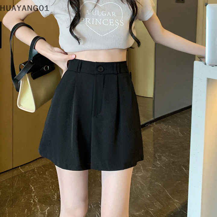 huayang01-2023-new-hot-fashion-y2k-กางเกงขาสั้นสีขาวเอวสูงสำหรับผู้หญิงกางเกงขากว้างจับจีบแฟชั่นเกาหลีกางเกงสไตล์นักเรียนลำลองสำหรับฤดูร้อน