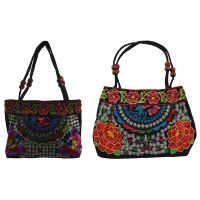 2 Pcs Chinese Style Women Handbag Embroidery Ethnic Handmade Flowers Ladies Tote, Purple Butterfly &amp; Red Double Peony