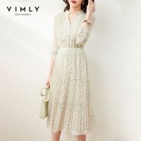 【YF】 VIMLY Chiffon Floral Pleated Midi Dress for Women 2023 Spring Autumn Fashion V Neck Elastic Waist Elegant Female Vestidos