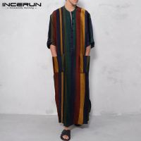 【CW】 Men Ethnic Robe Striped Sleeve Muslim Kaftan O Neck Buttons Jubba Thobe Pockets Dubai Arabic Clothing