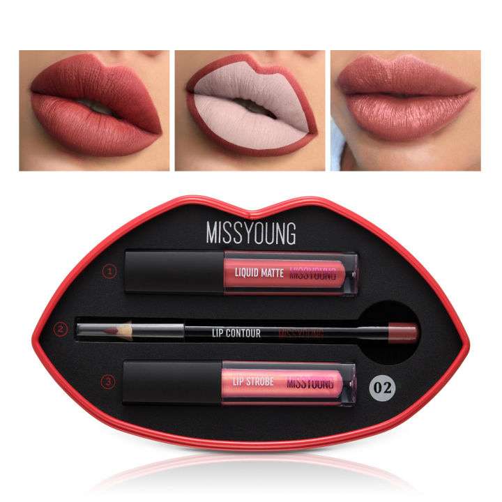 3pcsSet Matte Lip Gloss Lip Pen Waterproof Easy Coloring Pearlescent Lasting Matte Shimmer Mental Women Sexy Lipstick Cosmetic