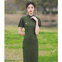 【มาใหม่】ผู้หญิงสีเขียว Cheongsam นัวเนียแขนสั้นนุ่มชุดวินเทจบางชุดแต่งงานที่สง่างามแบบดั้งเดิม Qipao S เพื่อ XXL