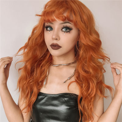 Orange Ginger Synthetic Wig Long Water Wavy Wigs For Women With Bangs Halloween Cosplay Party Daily Natural Heat Resistant Wig