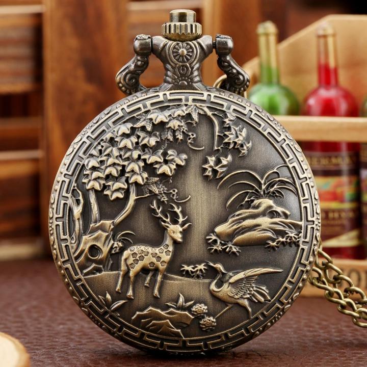 นาฬิกาควอทซ์โบราณรูปกวางโบราณดีไซน์แบบจี้สร้อยคอสายโซ่นาฬิกาพกพกของขวัญนาฬิกานาฬิกาสัตว์