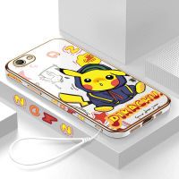 Serpens สำหรับ OPPO A59 F1S ฟรีสายคล้องการ์ตูน Pikachu น่ารักลายขอบสี่เหลี่ยมชุบเคสโทรศัพท์ชุบหรูหราชุบนุ่มเคสโทรศัพท์