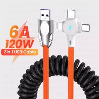 3In 6A 1สายสปริงสำหรับไมโคร8ขาชนิด C 120W ที่ชาร์จเร็วสำหรับ USB ยืดหดได้สายสายข้อมูล Sansung