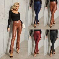 [COD] wish sexy leather European and classic high waist elastic flared womens slit trousers large size