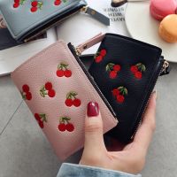 New Hand Bags Women Girls Short Wallet Small PU Leather Cherry Embroidery Coin Purse Card Holders Lady Girl Mini Money Bag