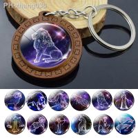 12 Constellation Keychain Wooden Pendant Zodiac Sign Keychain Aries Taurus Gemini Cancer Leo Scorpio Men Women Birthday Gifts