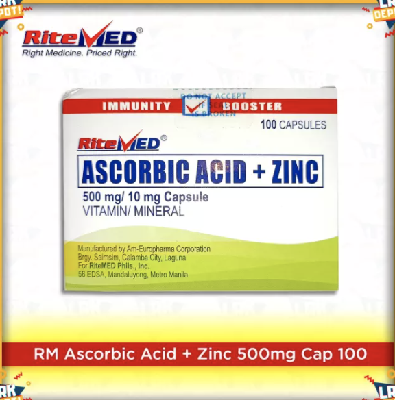 RiteMed Ascorbic acid + Zinc (100 Capsules) 500mg / 10mg Vitamin