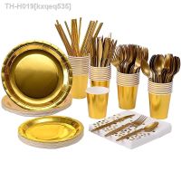 ❐▪♞ Gold Disposable Paper Plates Cups Straw Napkins Cakestand Tableware Sets For Adult Kids Birthday Party Supplies Gold Theme Decor