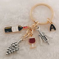 【DT】Charm enamel A-Z letters European and American cocktail grape wine bottle opener wine glass grape wine keychain bar keychain hot