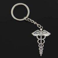 New Fashion Men 30mm Keychain DIY Metal Holder Chain Vintage Caduceus Medicine Symbol 49x30mm Silver Color Pendant Gift