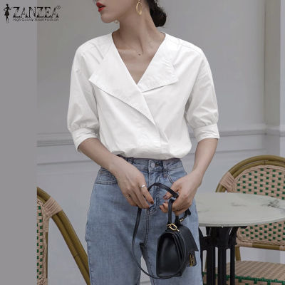 (สินค้ามาใหม่)(จัดส่งฟรี)Fancystyle ZANZEA เสื้อสไตล์เกาหลีมีกระดุมแขนเสื้อพัฟครึ่งแขนปกเสื้อเดินทางเรียบ #10