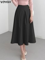 Elegant Skirts 2023 VONDA Women OL Style Office Skirt Summer Casual Solid Color High Waist Pleated Midi Bottoms Streetwear Femme