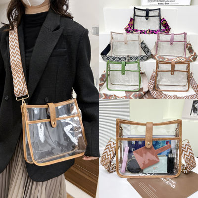 【Fast Delivery】Transparent Crossbody Bags Clear PVC Women Sling Crossbody Bag Candy Color Woven Print Wide Strap Small Lady Phone Purse Travel Daily Wear