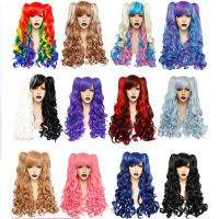 Hot ANOGOL คอสเพลย์วิกผมหางม้าสังเคราะห์ยาวสี Curly Girls Lolita คอสเพลย์วิกผมหางม้าคู่ &amp; 1Pc หมวกวิกผม