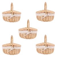 5X Handmade Wicker Basket with Handle Wicker Camping Picnic Basket with Double Lids Hamper Basket with Cloth Lining