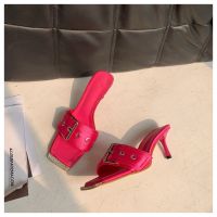 2021Fashion Square Toe High Heel Slippers Women Peep Toe Slide Summer Candy Color Sandal Ladies Elegant Mule Shoes Casual Flip Flops