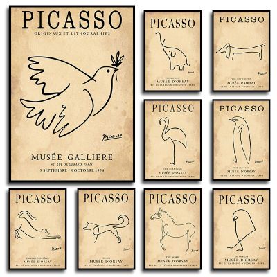 Picasso S Dove Of Peace Line Art-บทคัดย่อสัตว์แมวสุนัข Vintage โปสเตอร์ภาพวาดผ้าใบพิมพ์ภาพผนังสำหรับ Room Home Decor