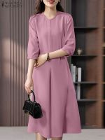 【HOT】♤₪ ZANZEA Fashion Sundress O Neck 3/4 Sleeve Vestidos Robe Office Dresses