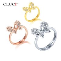 CLUCI 925 Sterling Silver Ring Jewelry Women Pearl Ring Mounting Real Silver 925 Zircon Adjustable Women Butterfly Ring SR2218SB