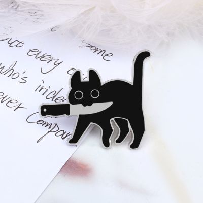 Cartoon Cat with Knife Enamel Brooch Funny Killers Black Kitty Mew Mew Denim Lapel Pin Fashion Bag Badge Jewelry Gift for Friend