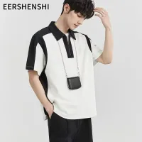 EERSHENSHI เสื้อโปโลแขนสั้นมีซิปสีตัดกันลำลองสำหรับเสื้อยืดลาเพล