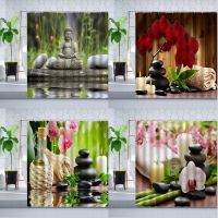 Zen Stone Shower Curtain Buddha Plant Butterfly Orchid Green Bamboo Spa India Bathroom Curtain Polyester Fabric Bathtub Decorate