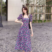 2023 Summer Dress Female Purple Bubble Sleeve Sexy Split Long Large Size Floral Dress S-2XL