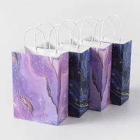 5pcs Blue Purple Marble Design Kraft Paper Gift Bag with Handle Birthday Party Packaging Bag Wedding Favors Festival Supplies