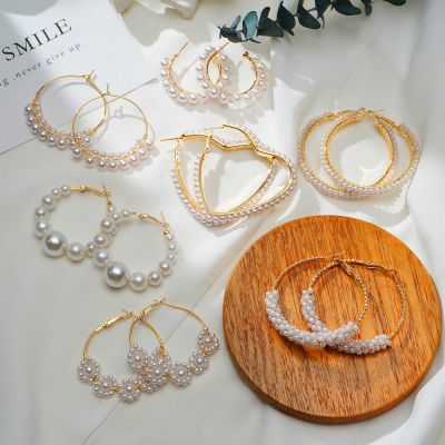 【YP】 EN Pearls Round Hoop Earrings Birthday Big Wedding Fashion Jewelry