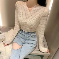 Sheer sleeve blouse lace top womens 2021 new Shirt slim elastic long sleeve hollowed out top 513۩✽