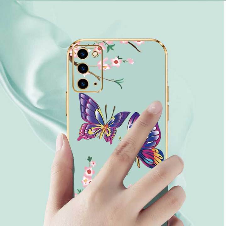 เคสซัมซุงโน้ต20ซัมซุงโน้ต20สุดหรูเคสโทรศัพท์ลายผีเสื้อพร้อมกล้องรูปดอกไม้เคสนิ่มซิลิโคนขอบชุบฟรีสายคล้อง