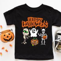 เสื้อยืดลําลอง คอกลม แขนสั้น พิมพ์ลาย Happy Halloween ทรงหลวม สําหรับเด็กผู้หญิง และเด็กผู้ชาย