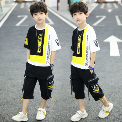 Boys Summer Clothing Sets 2022 New Fashion Letters Patchwork O-Neck Short Sleeve 2 Pieces Suits Teenager Clothes High Quality