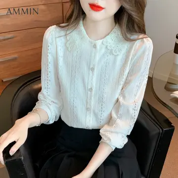 Women's Lace Beaded Shirt 2023 Summer New Korean Fashion Design Short  Sleeve Chiffon Tops Slim Temperament Sweet Ladies Blouse