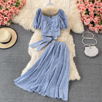 Floral Chiffon Shirt Womens Temperament Square Neck Slim Short Puff Sleeve Top Two Piece Suit High Waist Skirt Sets Summer