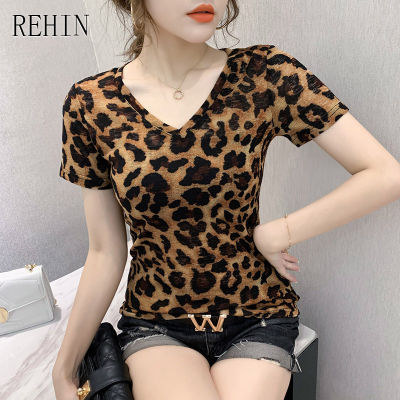 REHIN เสื้อยืดแขนสั้นคอวีสำหรับผู้หญิง,พิมพ์ลายเสือดาวแฟชั่นใหม่ฤดูร้อนเสื้อบางผ้าฝ้ายแบบบาง