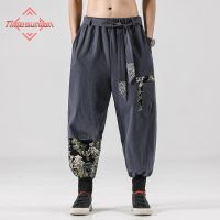 Japanese kimono Men Cotton Linen Samurai Costume Ukiyo-e Print Belt Retro Harem Pants Haori Baggy Trousers Harajuku Hip Hop