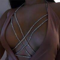 Fashion sexy lady shining sternum chain accessories summer beach shining Rhinestone double row cross bikini chest chain wholesal