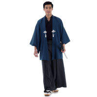 ชุดกิโมโนชาย ชุดกิโมโนโบราณ ชุดซามูไร ชุดแฟนซีญี่ปุุ่น ชุดฮากามะพร้อมเสื้อคลุมฮาโอริ (สีน้ำเงิน-ดำ) Men Japanese Samurai Costume, Samurai Suit