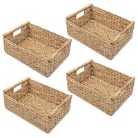 4X Small Wicker Baskets for Organizing Bathroom, Hyacinth Baskets for Storage, Wicker Storage Basket with Wooden Handle