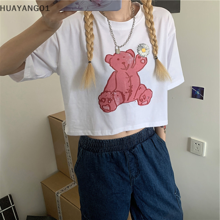 huayang01เสื้อยืดเสื้อผู้หญิงคอกลมพิมพ์ลายหมีแขนสั้น-เสื้อครอปทรงหลวมลำลอง2023แฟชั่นหน้าร้อน