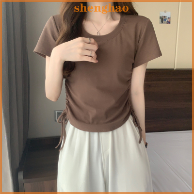 shenghao เสื้อยืดคอกลมแขนสั้นสำหรับผู้หญิงเสื้อยืดเชือกผูกเชือกสีพื้นแฟชั่นฤดูร้อน