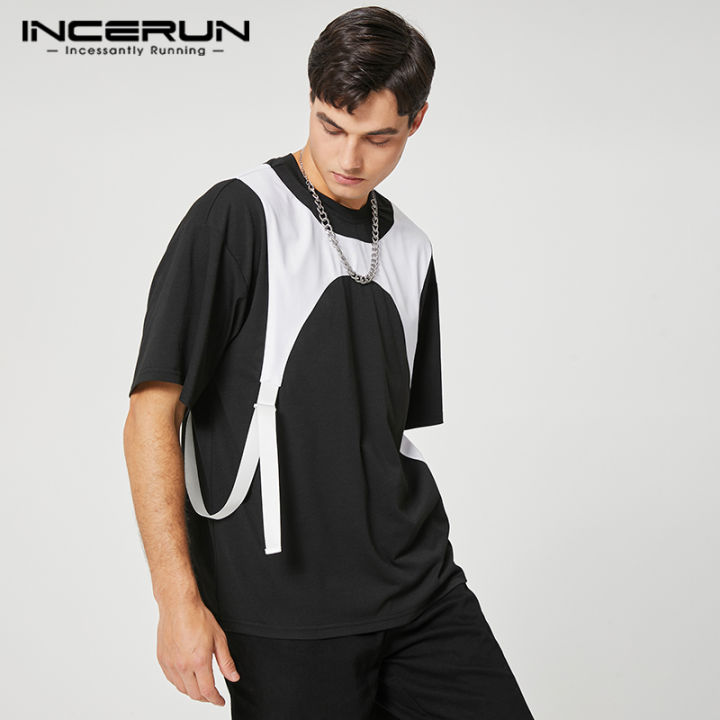 incerun-เสื้อยืดแฟชั่นแขนสั้นลายเย็บปะติดเสื้อยืดทรงหลวมสำหรับบุรุษเสื้อ-สไตล์เกาหลี