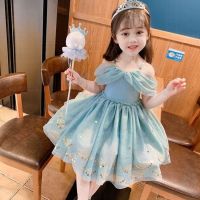 2022 Girls Dress Princess Western Style Vest Skirt Girl Baby Summer Sling Off-The-Shoulder Mesh Sequin 6152-Q